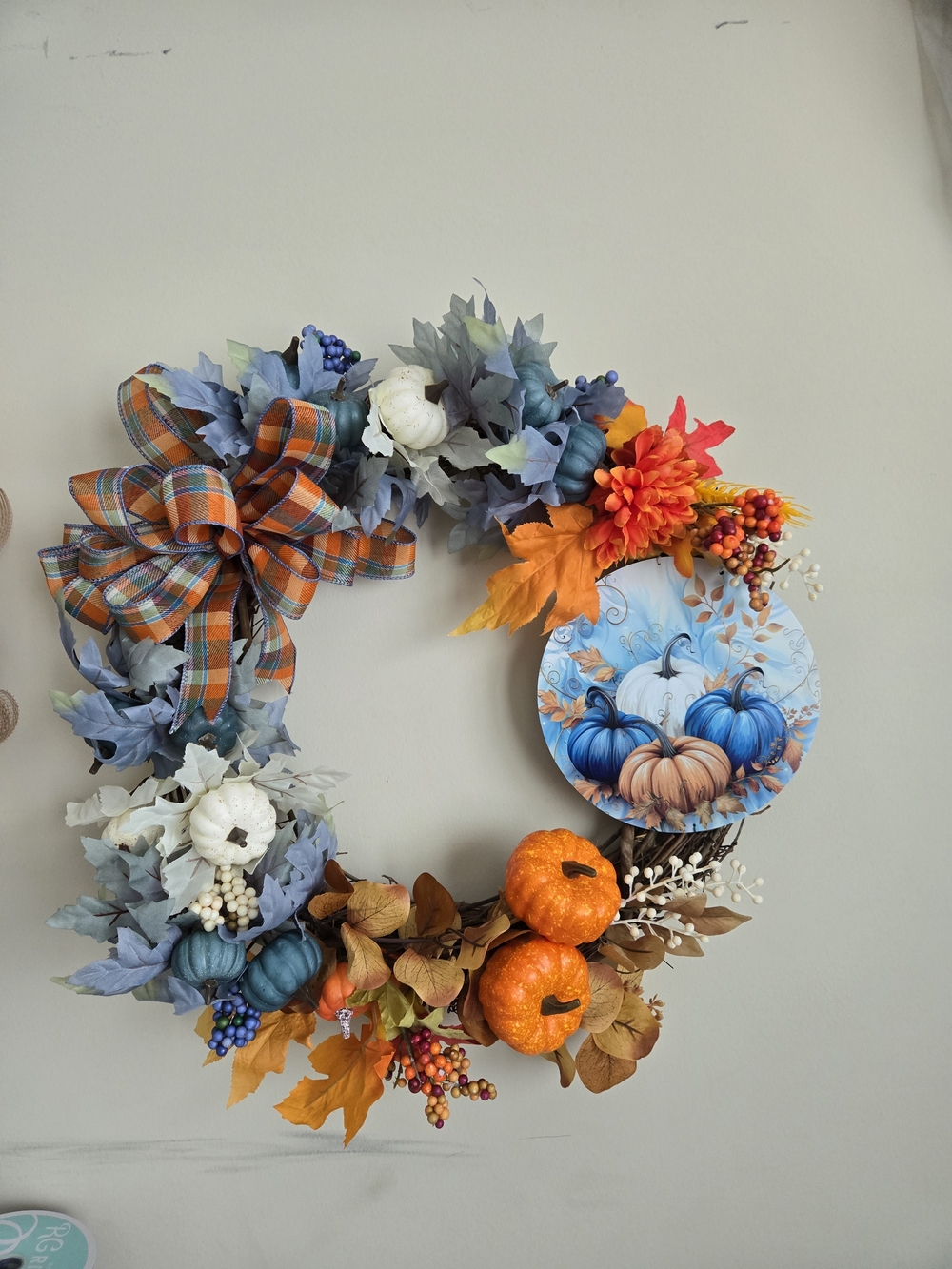 Autumn Blue & Orange Pumpkin Holiday Wreath - Home Holiday Decor